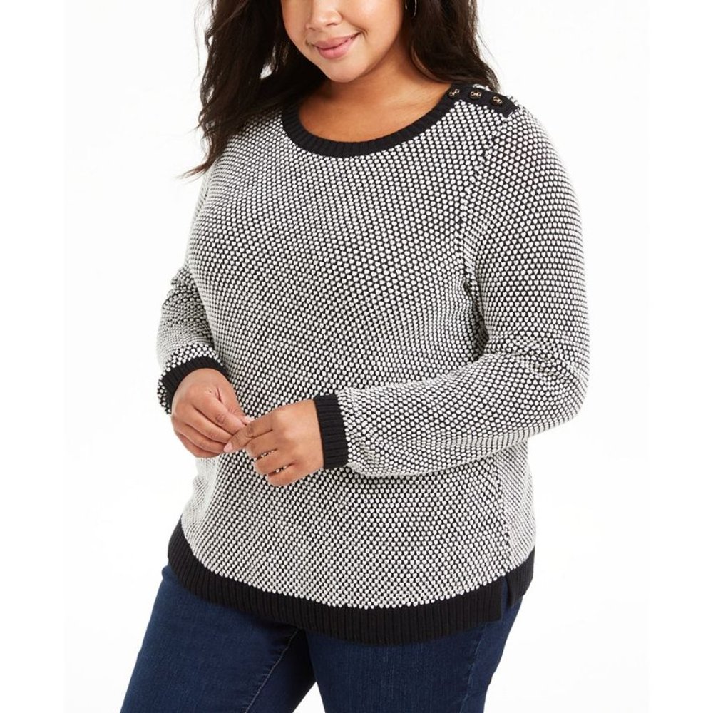 Charter Club Women Plus Button Trim Crewneck Fitted Long Sleeve Sweater Black